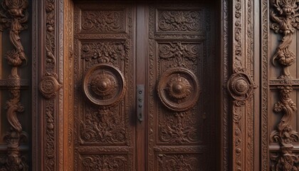 An ornate door with intricate carvings that conceal the box, invisible entrance, ornate door, hidden door