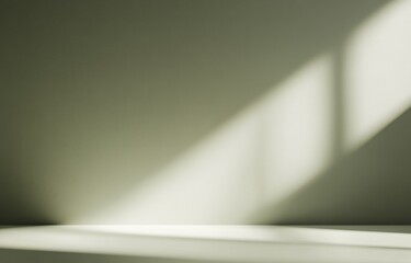 Sunlight illuminates a minimalist interior, casting shadows on a light green wall and white floor.