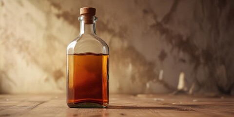 Distressed glass bottle with brown liquid inside, rustic, textured
