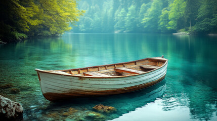 An old wooden boat rests gently on the sea near the shore, symbolizing tranquility, nostalgia, and a journey. The blurred background creates a sense of calm and contemplation, evoking memories of adve