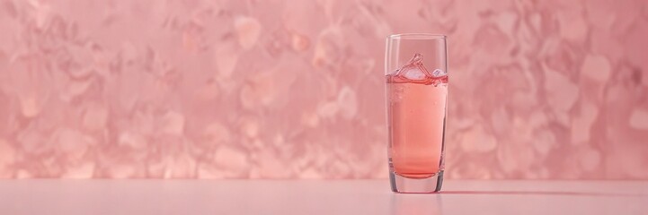 Tall slender glass filled with light pink colored liquid on a pale salmon pink background, , liquid, tall slender