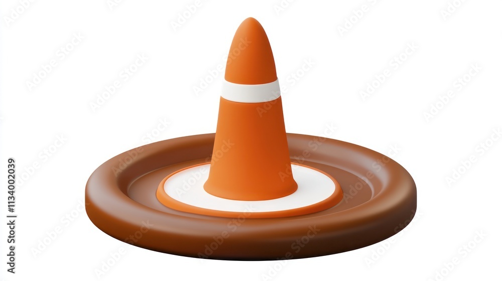 Poster 3d render of an orange traffic cone on a brown base, isolated on white background.