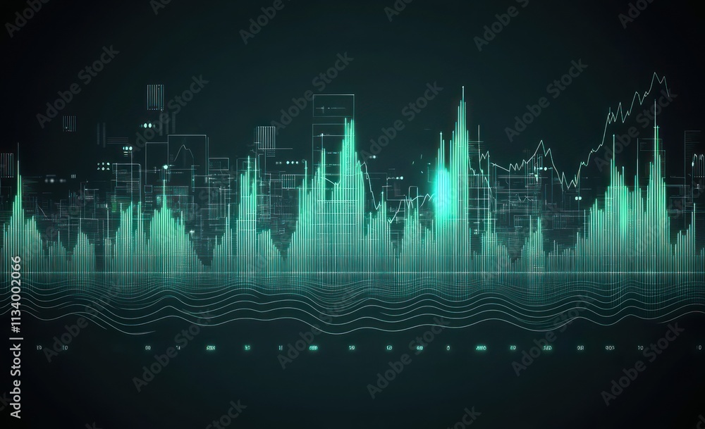 Poster Abstract city skyline with teal data visualization graph.