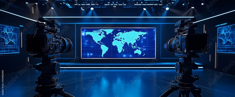 Poster A modern studio setup with cameras and a world map backdrop for broadcasting.