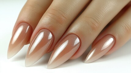 A close-up of elegantly manicured nails with a gradient design, showcasing a blend of nude and glossy finishes.
