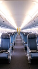 Empty airplane cabin with blue seats and gray carpet awaiting passengers