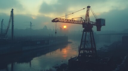 Obraz premium Industrial Sunset: A River Reflects the Silhouette of a Crane at Dusk