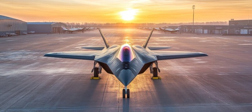 Modern fighter jet parked on airfield during sunset with other aircraft in background