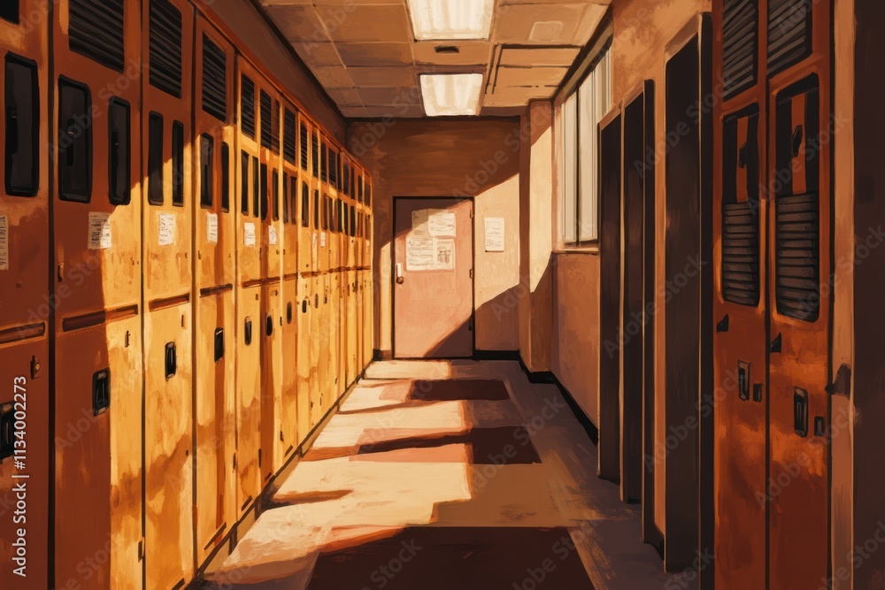 Poster sunlit hallway with rows of lockers.