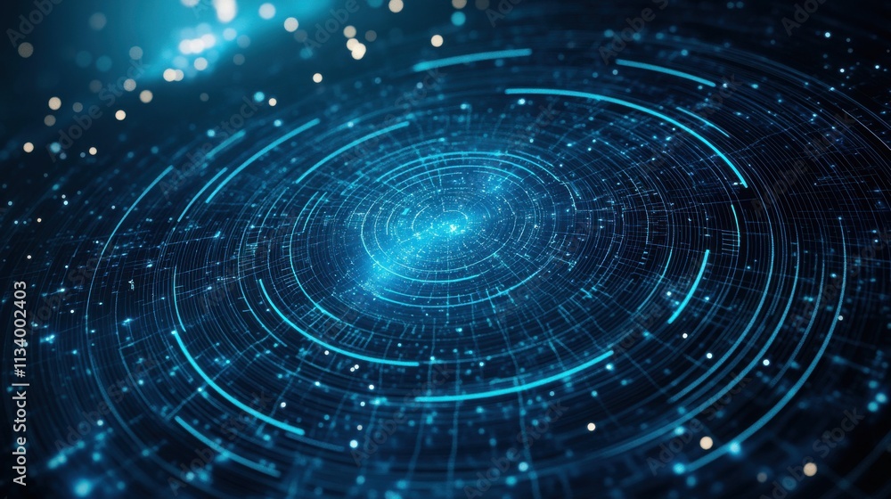 Poster abstract cosmic visualization featuring glowing blue circles and stars creating a sense of depth and