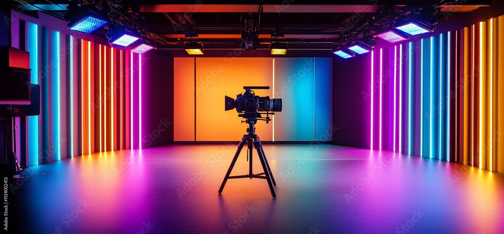 Poster a modern photography studio with colorful lighting and a camera setup.