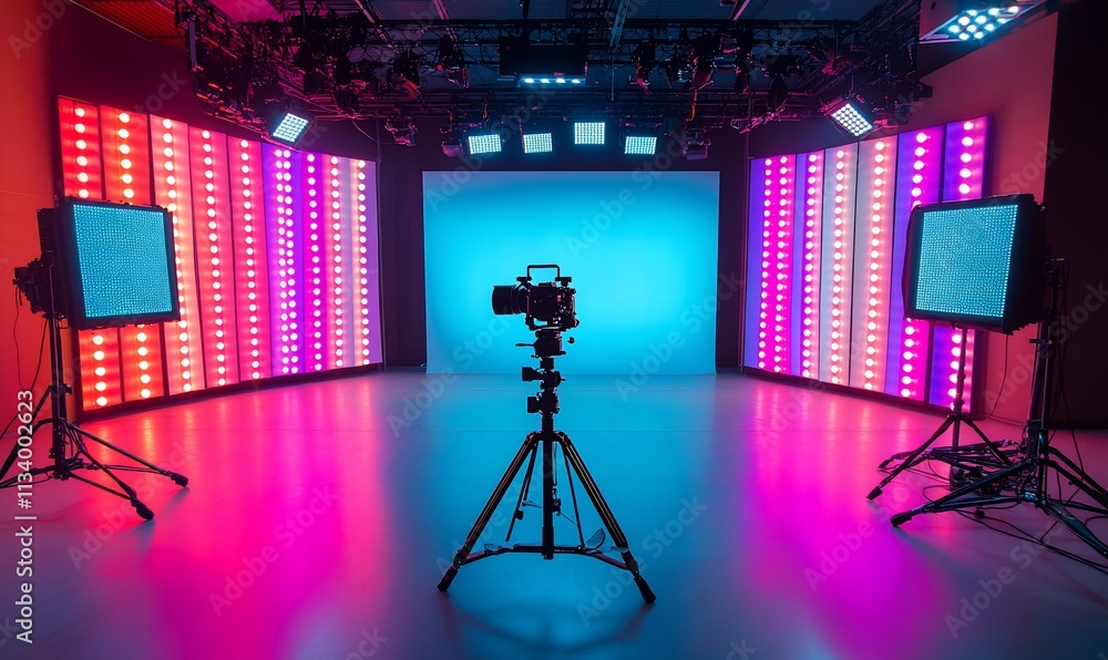 Poster a modern studio setup featuring a camera and colorful lighting.