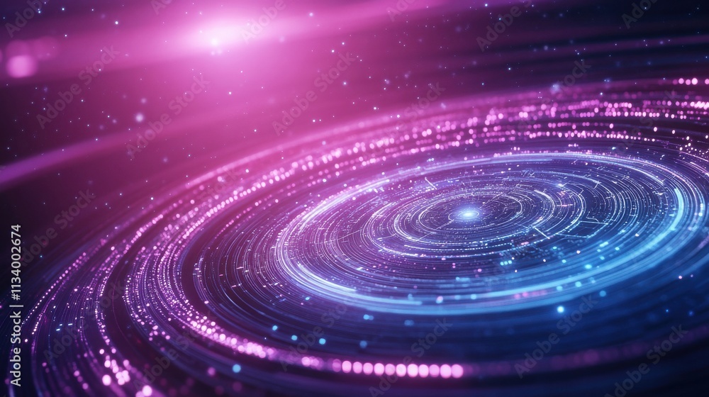 Poster abstract cosmic background featuring a swirling vortex of bright purple and blue light particles, cr