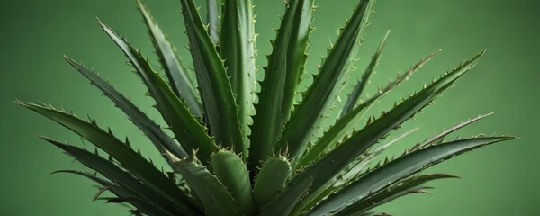 Obraz premium A lush aloe vera plant with thick fleshy leaves and green stems on a green background, flora, plants, botany