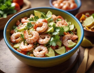 Delicious Aguachile dish with succulent shrimps served in a colorful bowl , Aguachile, vibrant colors, shrimp