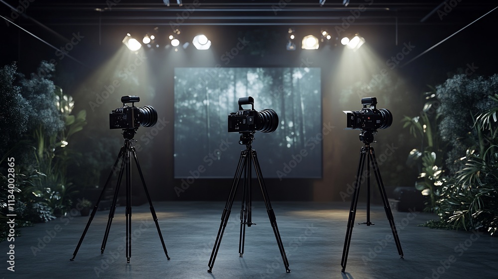 Poster a photography setup with cameras on tripods in a dimly lit studio.