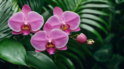 Beautiful Pink Orchids Surrounded by Lush Green Foliage Captivating Nature's Elegance in Tropical Garden Setting with Soft Light and Vibrant Colors
