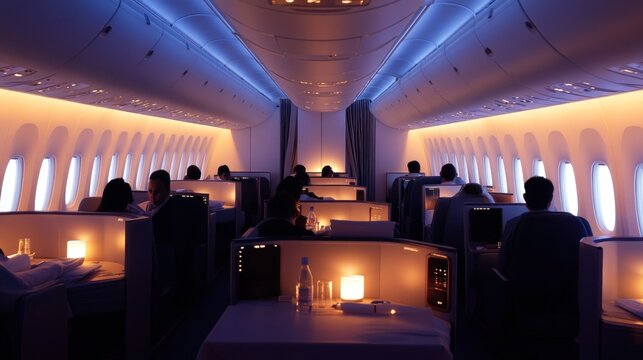 Passengers relaxing in first class cabin of airplane during flight
