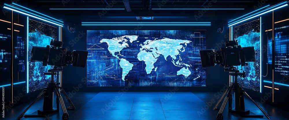 Poster A modern studio with a world map display and cameras for broadcasting.