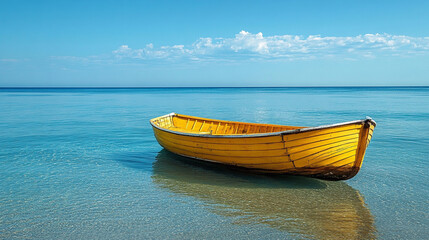 Naklejka premium An old wooden boat rests gently on the sea near the shore, symbolizing tranquility, nostalgia, and a journey. The blurred background creates a sense of calm and contemplation, evoking memories of adve