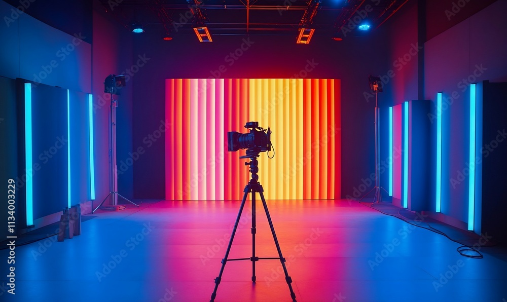 Poster a photography studio with colorful lighting and a camera setup.