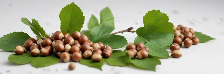 Branch with hazelnuts on some green leaves isolated on the white background, outdoor, hazelnut tree, botanical