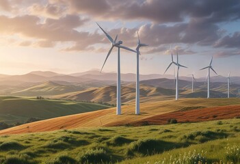 Obraz premium Wind turbines in a sustainable wind farm with rolling hills in the background , sustainable wind energy, renewable energy sources, green technology