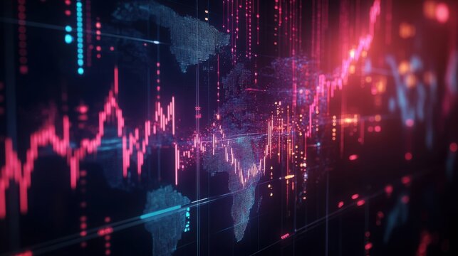 Side view of a futuristic stock market chart, overlaid with world map patterns and economic data points.