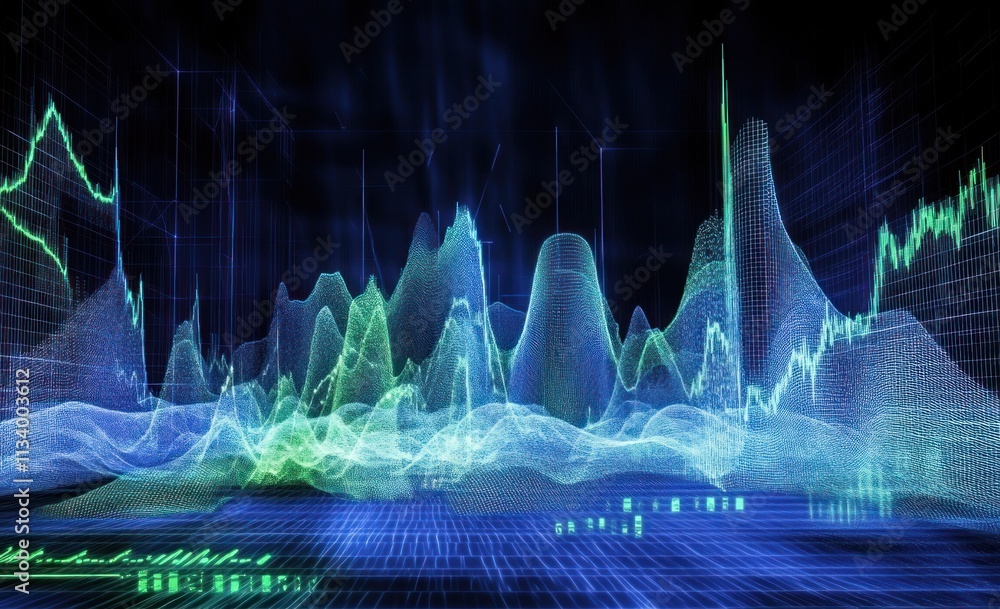 Poster abstract data visualization with glowing lines and graphs.