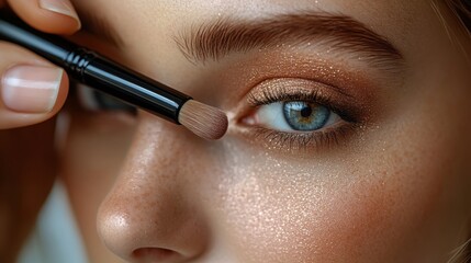 A close-up of a person applying makeup to their eye with a brush, showcasing beauty techniques.