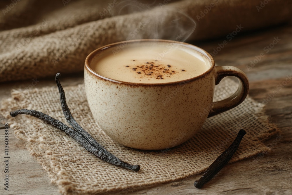 Poster steaming cup of vanilla latte on rustic wooden table with vanilla beans.