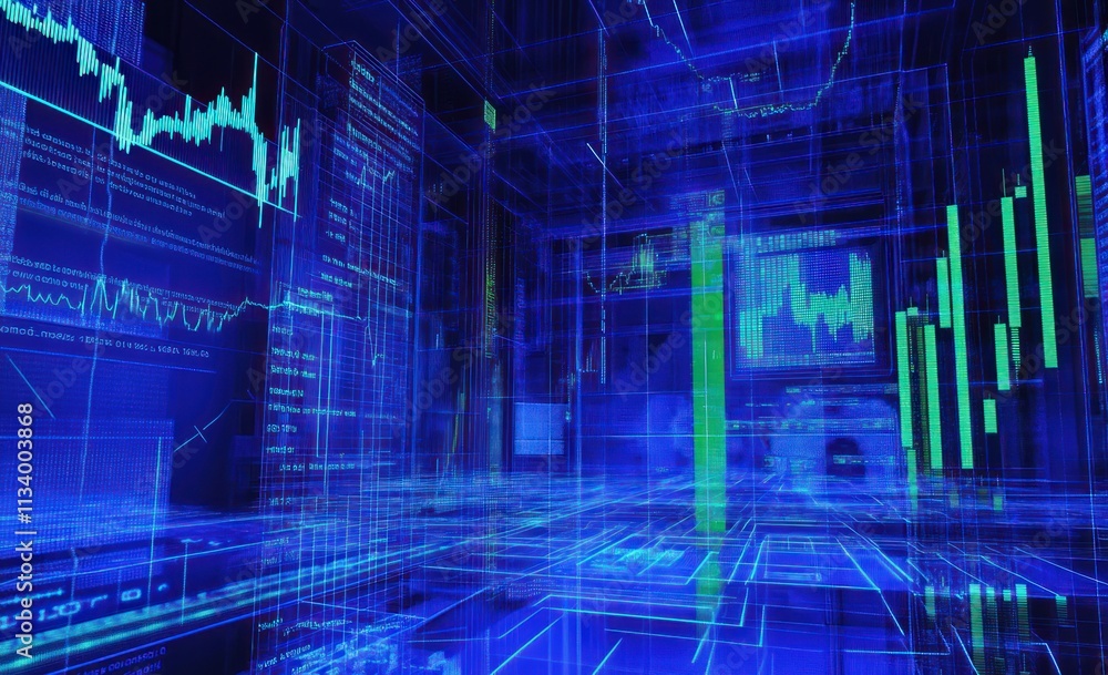 Aufkleber Abstract digital data visualization with glowing lines and charts in a 3D space.