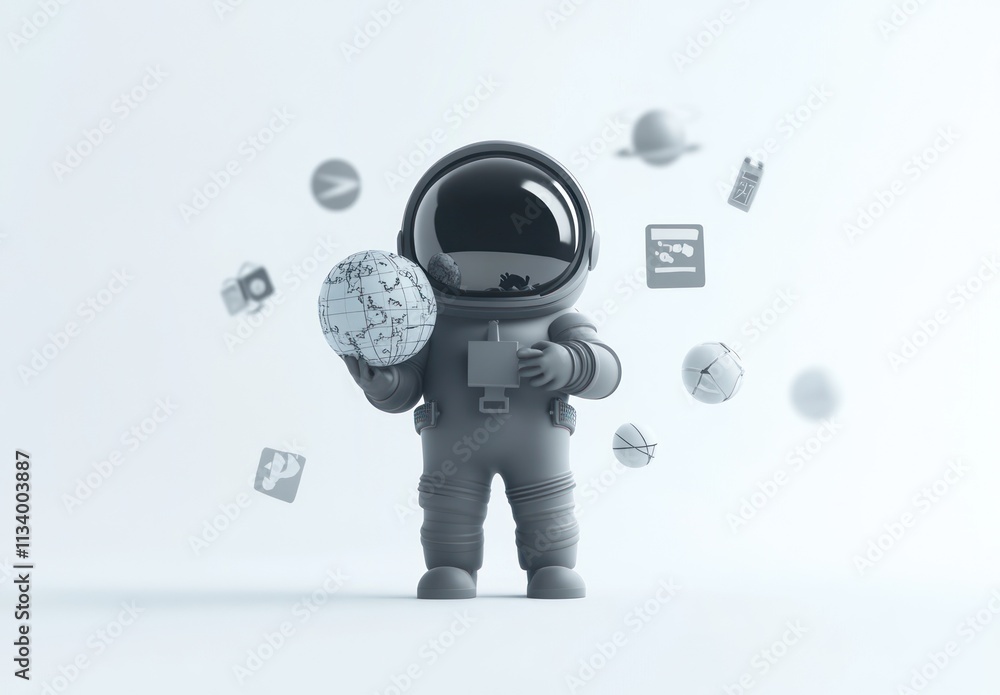 Poster astronaut holding earth model with floating tech icons.