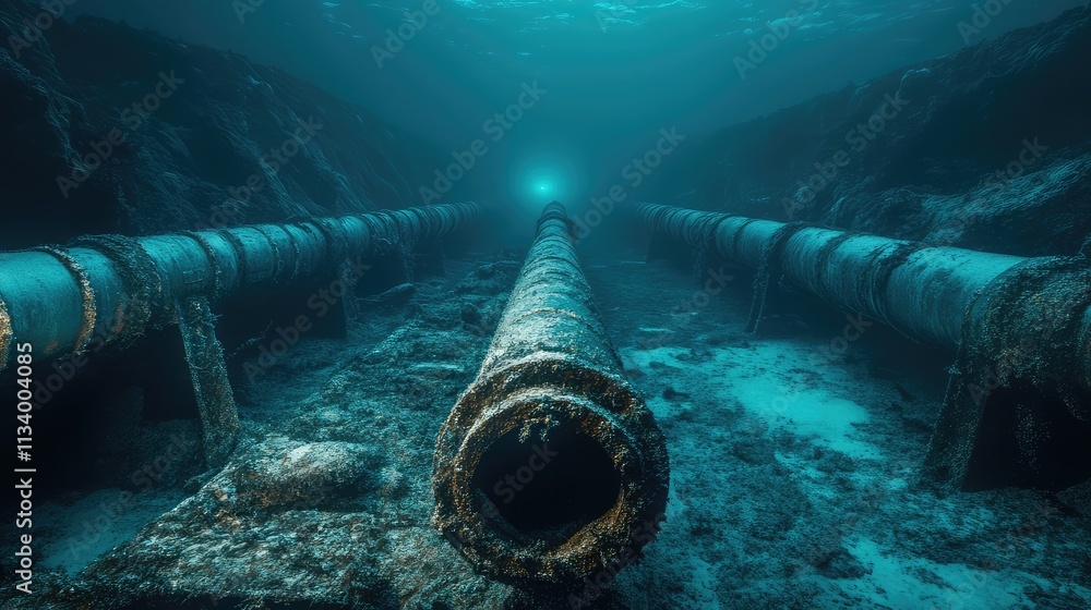 Poster a submerged pipeline extending across the seabed, with rugged metallic walls and soft lighting illum
