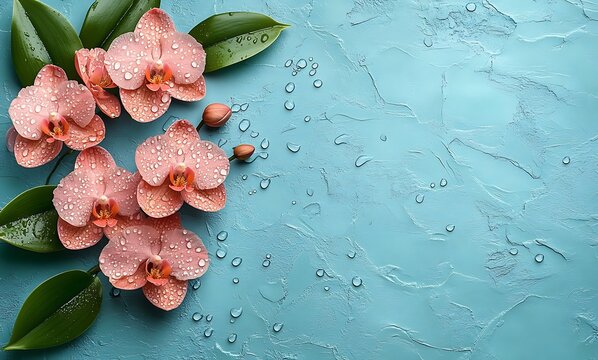 Pink orchids with dew drops on blue textured background