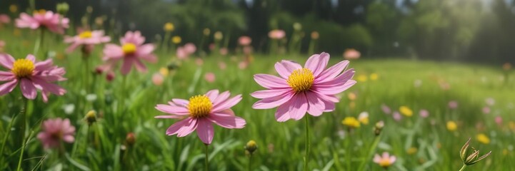 Obraz premium a single small pink flower with bright yellow pollen against a vibrant green meadow backdrop, outdoor scene, small pink flower