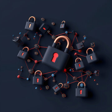 A collection of abstract floating objects represents cybersecurity concepts, featuring interconnected glowing networks and padlocks against a dark backdrop, creating a futuristic aesthetic