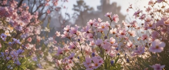 Fototapeta premium Gentle swaying motion of delicate flowers in the soft breeze, delicate flowers, gentle sway, natural dance