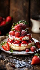 A delicious layered cake topped with strawberries and cream, perfect for dessert.