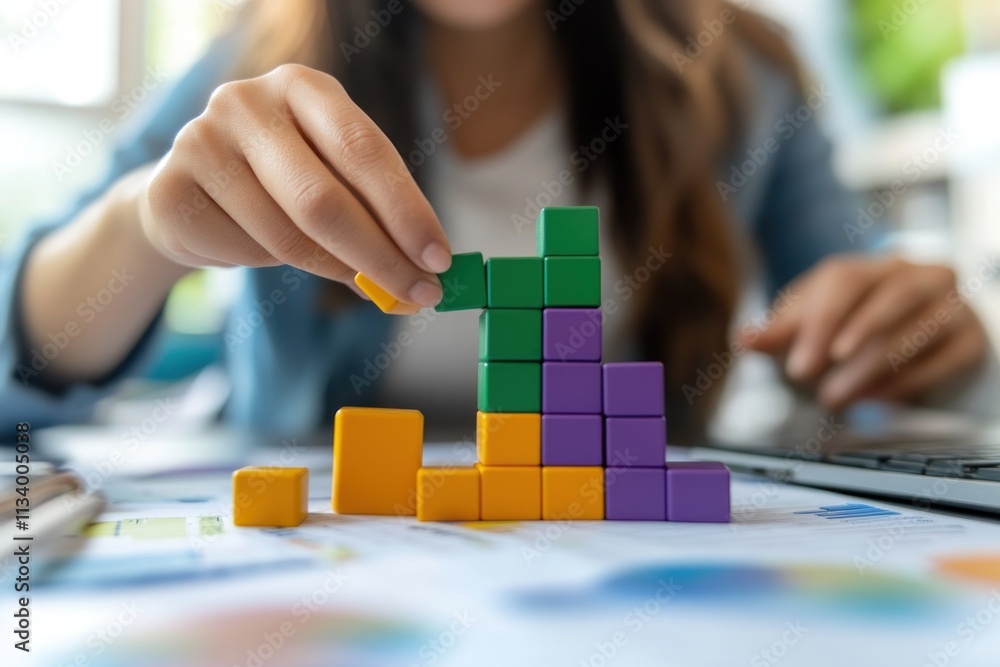 Poster woman's hand placing colorful blocks, building a structure on a desk with charts and laptop.