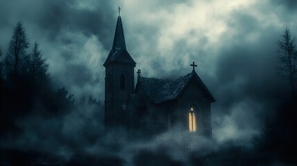 Mysterious Church in Fog at Night