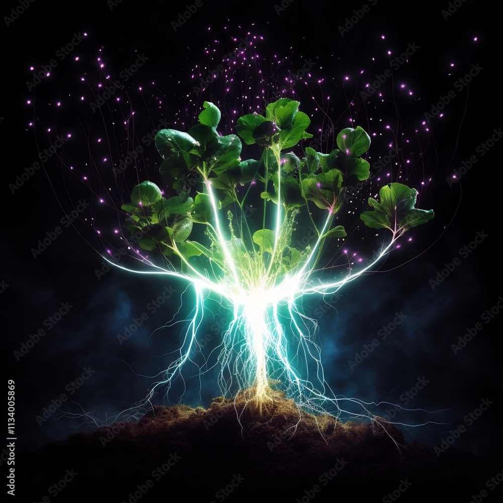 Poster representation of the process in plants with glowing arrows dynamically moving from the roots to the