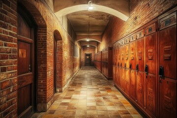 Dark brick hallway with lockers and arched ceilings.
