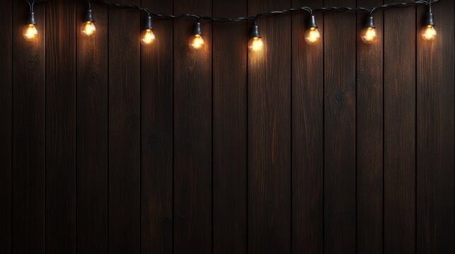 A cozy wooden background adorned with warm, glowing string lights, perfect for creating an inviting atmosphere in various settings, Ideal for use in advertisements, event promotions