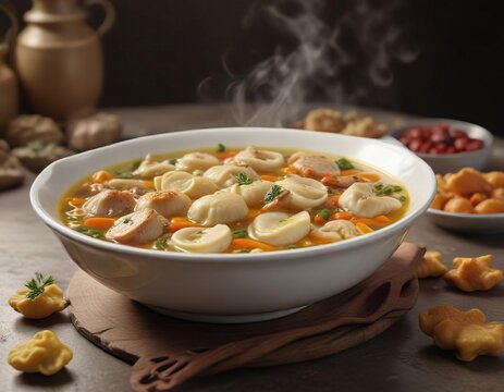 A bowl of steaming hot capon broth with floating cappelletti , savory aroma, brodo di cappone