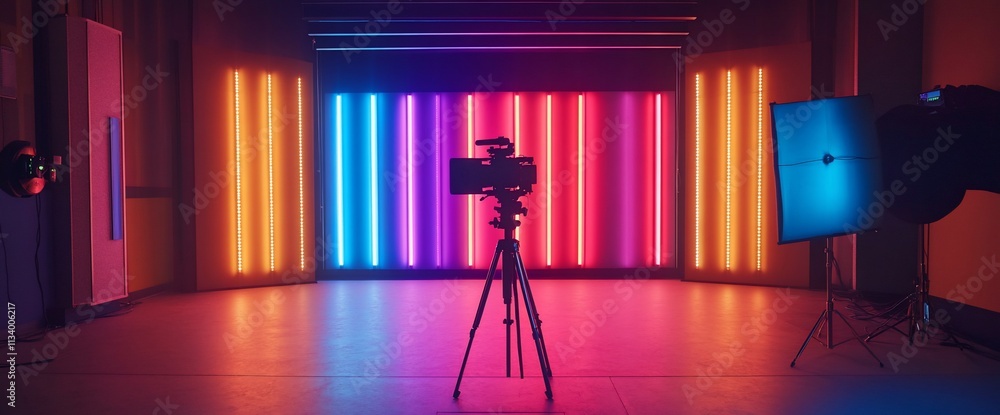 Poster a studio setup featuring colorful lights and a camera on a tripod.