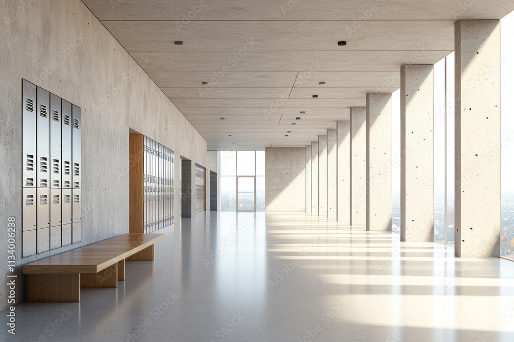 Poster modern minimalist hallway with lockers and bench, sunlight streaming through large windows.