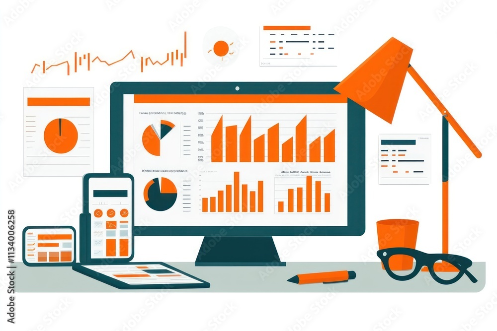Poster Business analytics dashboard on desktop computer with charts, graphs, and mobile devices.