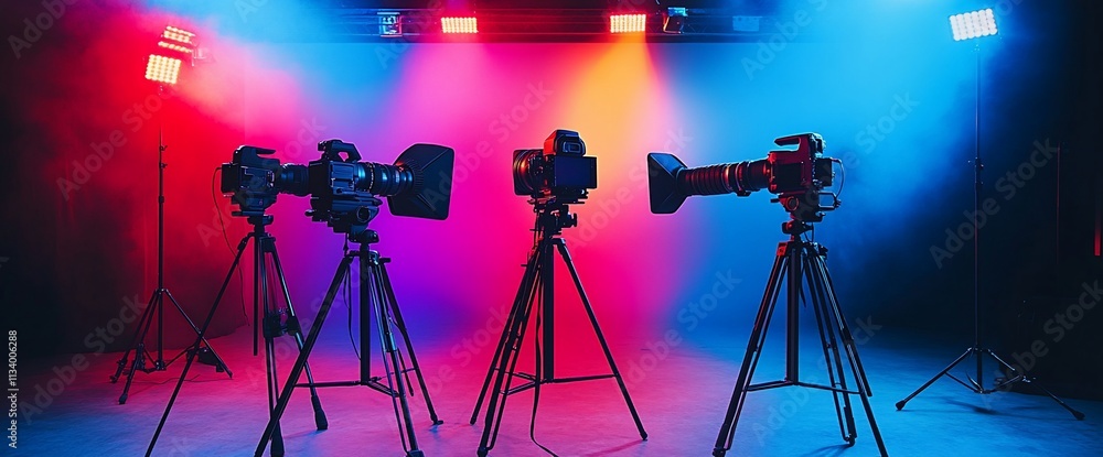 Poster a studio setup featuring cameras on tripods with colorful lighting.