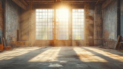 Fototapeta premium Sunlit Abandoned Warehouse: A Glimmer of Hope Amidst Decay